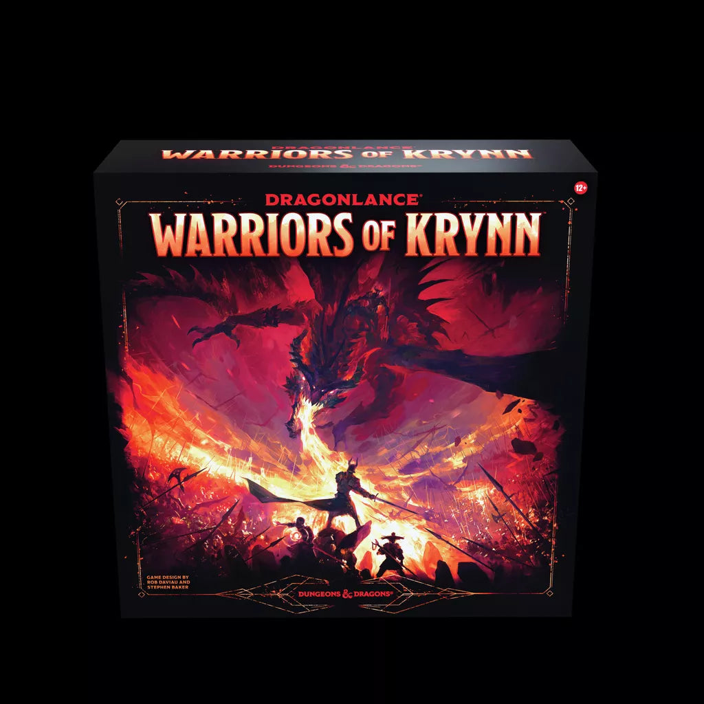 The box cover of Dragonlance: Warriors of Krynn by Wizards of the Coast features warriors battling amid flames, with a massive red dragon looming above in this cooperative Dungeons & Dragons adventure game.