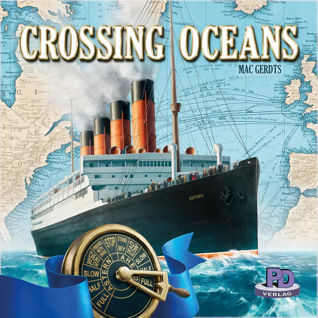 The PD-Verlag game Crossing Oceans features a historic ocean liner sailing across blue water on a map background. "Crossing Oceans" is at the top, with an engine telegraph in front and the PD-Verlag logo in the bottom right corner.