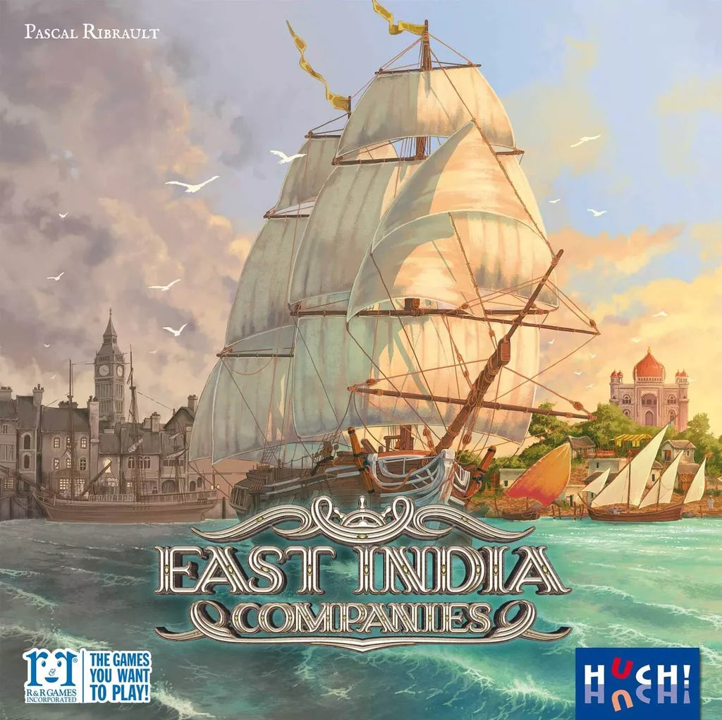 A large sailing ship with white sails nears a port city blending European and Indian architecture. At the bottom, the strategy board game East India Companies by Huch is shown, accompanied by the Huch and R&R Games logos.