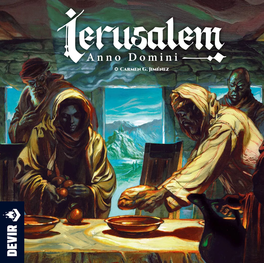 Four people in robes sit around a table with bread and dishes in a stone room overlooking mountains. “Ierusalem: Anno Domini” appears at the top, referencing the board game by Devir, with their logo at the bottom left.