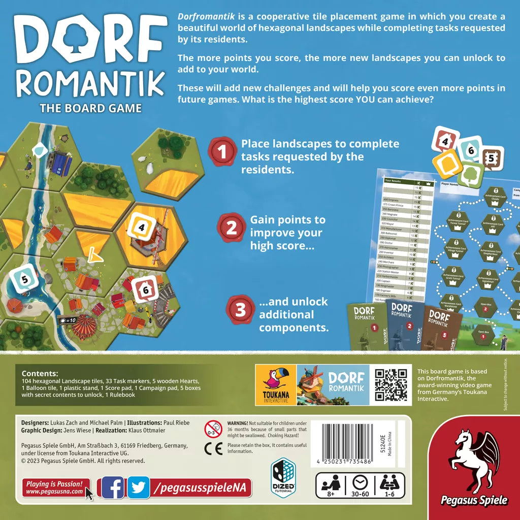 The box cover for Dorfromantik: The Board Game by Pegasus Spiele displays hexagonal landscape tiles, instructions, a score pad, and logos. This family game features tile placement to score points and unlock new components as you build.