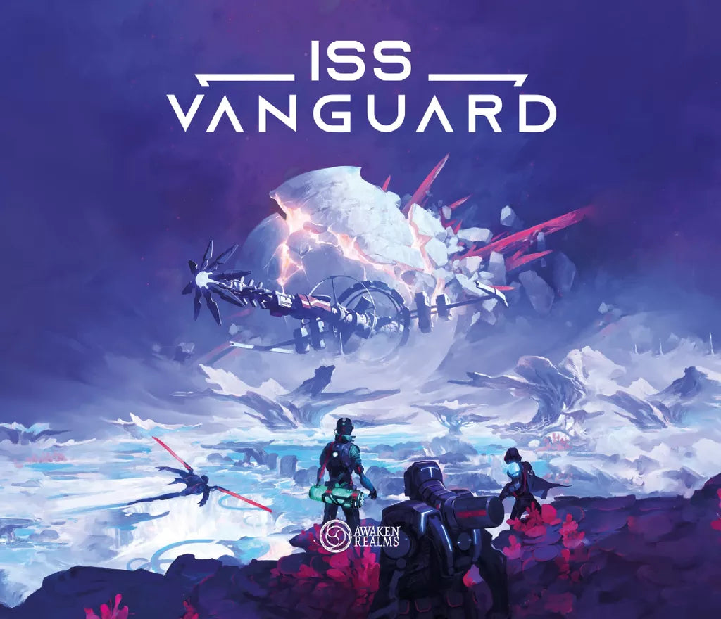 Three armored explorers stand on a red alien world, gazing at a huge damaged ship above icy ground under a purple sky. ISS Vanguard by Awaken Realms is a co-op campaign board game set in an epic sci-fi universe.