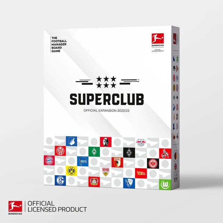 Superclub: Bundesliga Expansion box by Superclub features official Bundesliga club logos on white, plus the league logo and Official Licensed Product badge. Ideal for fans of the football manager game.