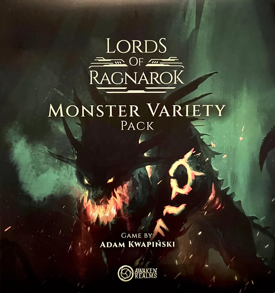 A dark monster with glowing eyes and a fiery mouth appears on the cover of the Lords of Ragnarok: Monster Variety Pack board game expansion by Awaken Realms.