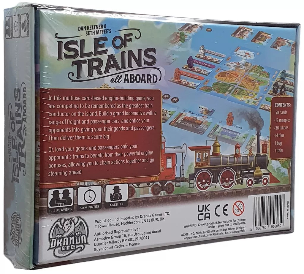 The back of the Isle of Trains: All Aboard Deluxe Edition box displays colorful train artwork, a map, and component list, highlighting its engaging engine-building mechanics for 1-4 players ages 8+.