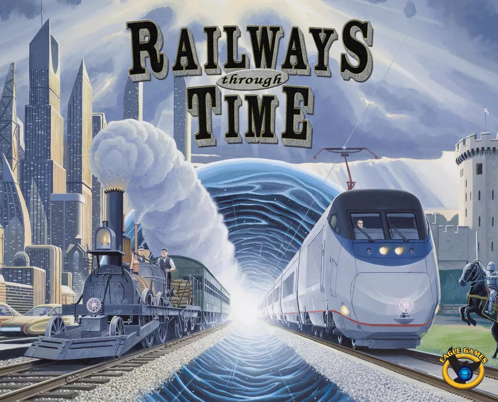 Two trains—a historic steam engine and a modern high-speed train—rush toward a glowing portal, flanked by a city and castle. Railways Through Time by Eagle-Gryphon Games is ideal for time travel board game fans.