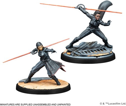 The Star Wars: Shatterpoint – Jedi Hunters Squad Pack by Atomic Mass Games includes two unpainted miniatures of a female Inquisitor in dark armor with a double-bladed red lightsaber, ideal for fans of the Jedi Order's powerful adversaries.