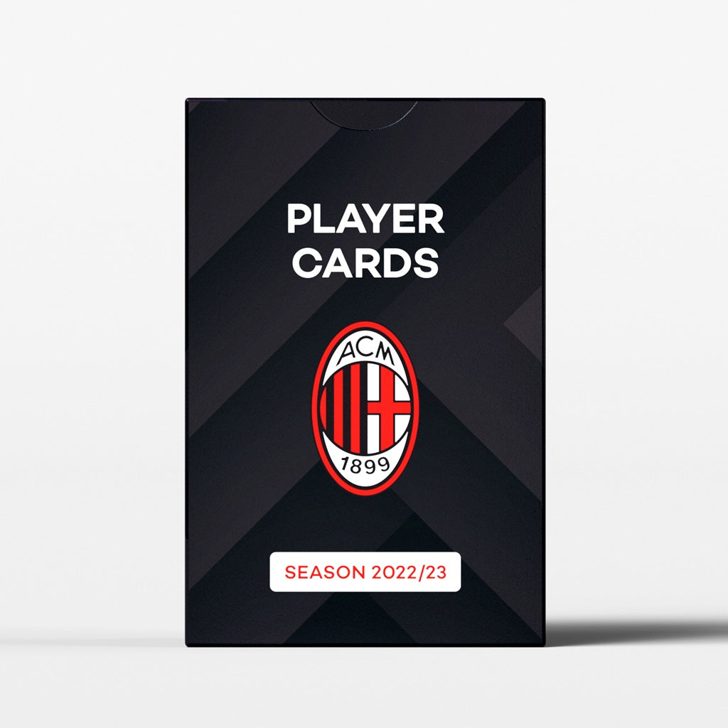 The Superclub: AC Milan Player Cards 2022/23 by Superclub is a sleek black deck box with PLAYER CARDS text and the AC Milan logo, marked SEASON 2022/23—a must-have for collectors and devoted AC Milan fans.