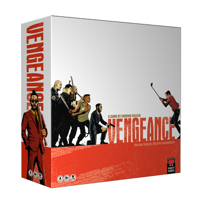 The Mighty Boards Vengeance box features dynamic illustrated characters in action scenes on a red-and-white background, with bold red text and a suited man on the left side.