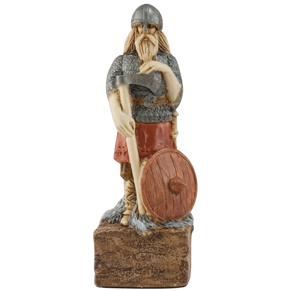 The Celtic & Viking Hand-painted Chess Pieces Set by Studio Anne Carlton Games features a Viking warrior figurine with a horned helmet, chainmail armor, axe, and shield—an ideal addition to any themed chess collection.