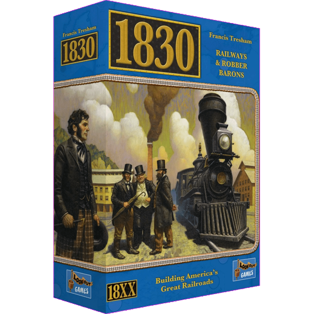 The box cover of 1830: Railways & Robber Barons by Lookout Games shows men in 19th-century dress near a steam locomotive, emphasizing the classic railroad strategy theme of this renowned 18xx game.