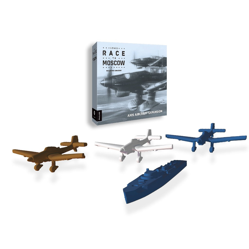 The Phalanx 1941: Race to Moscow Axis Aircraft Expansion box is shown with four 1:300 scale models—a brown Junkers Ju 86, a white plane, a blue plane, and a blue ship—displayed in front on a white background.
