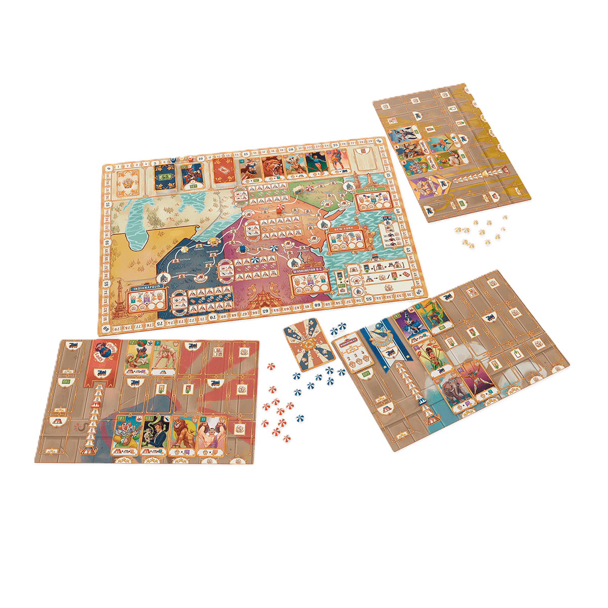 The Devir 3 Ring Circus board game is shown with its main illustrated board, four player boards, assorted cards, and red, blue, yellow, and white tokens arranged on a white background.