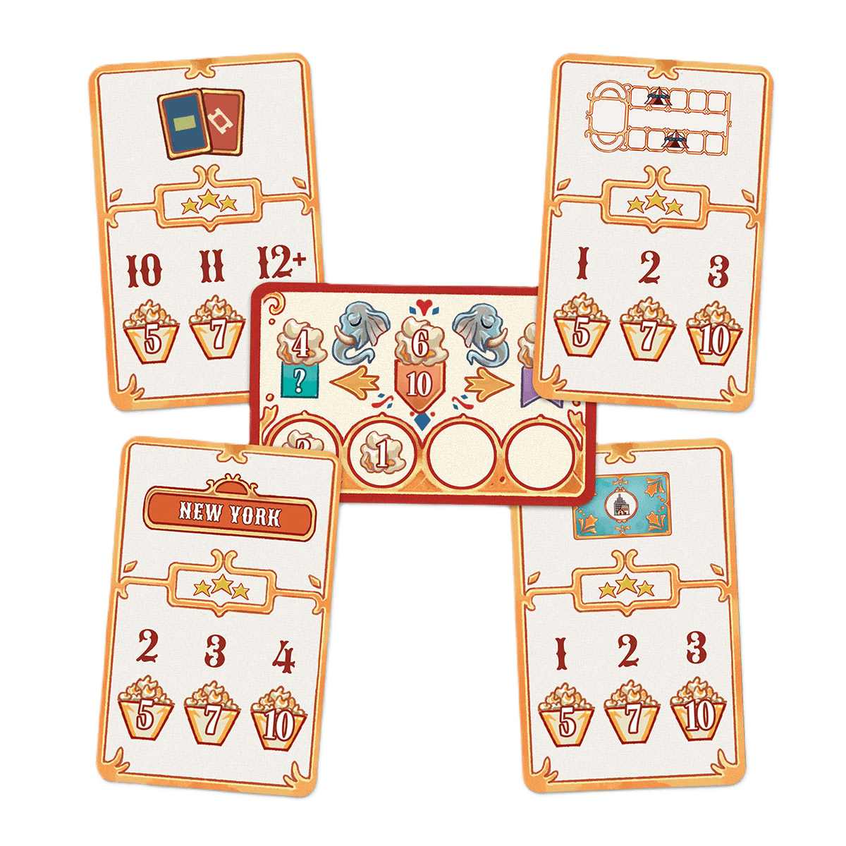 Five illustrated cards with numbers, stars, and icons encircle a vibrant circus board with tokens, elephants, and numbers. One card reads New York in Devir's 3 Ring Circus game inspired by P.T. Barnum.