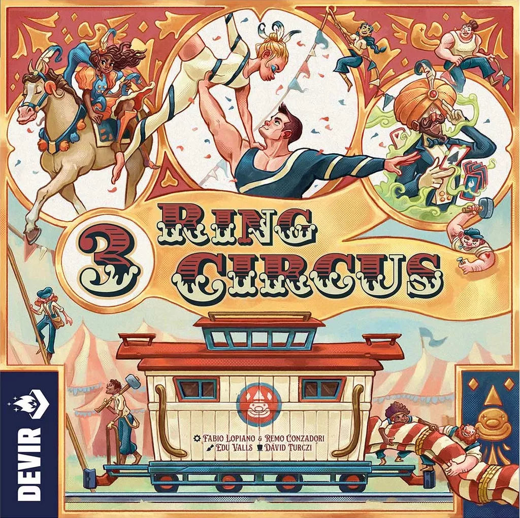 The 3 Ring Circus board game by Devir features an illustrated cover with acrobats, clowns, a horse rider, and an ornate circus wagon, evoking the grand era of P.T. Barnum around bold decorative title text.