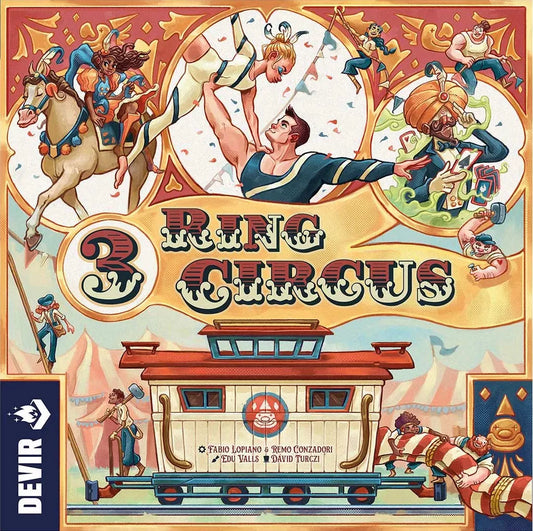 The 3 Ring Circus board game by Devir features an illustrated cover with acrobats, clowns, a horse rider, and an ornate circus wagon, evoking the grand era of P.T. Barnum around bold decorative title text.