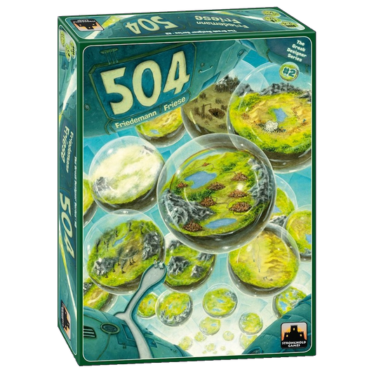 The image displays the box of 504 (The Great Designers Series #2) by Stronghold Games, featuring glass spheres with tiny landscapes on a blue background, evoking unique civilizations and alternate Earths.