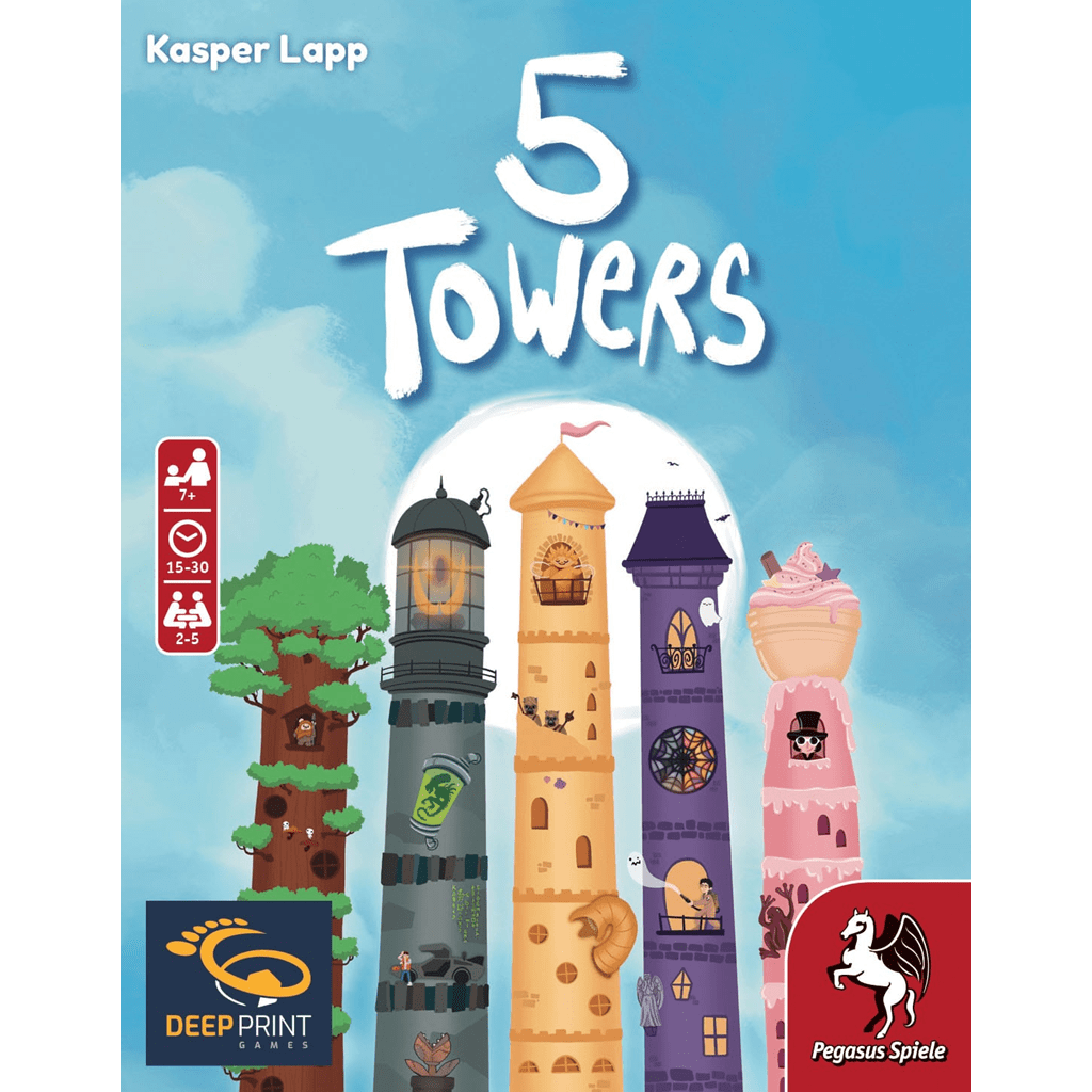 Board game cover for 5 Towers by Kasper Lapp, featuring five vibrant towers against a blue sky. Designed for Pegasus Spiele, this imaginative card game draws attention on any shelf.