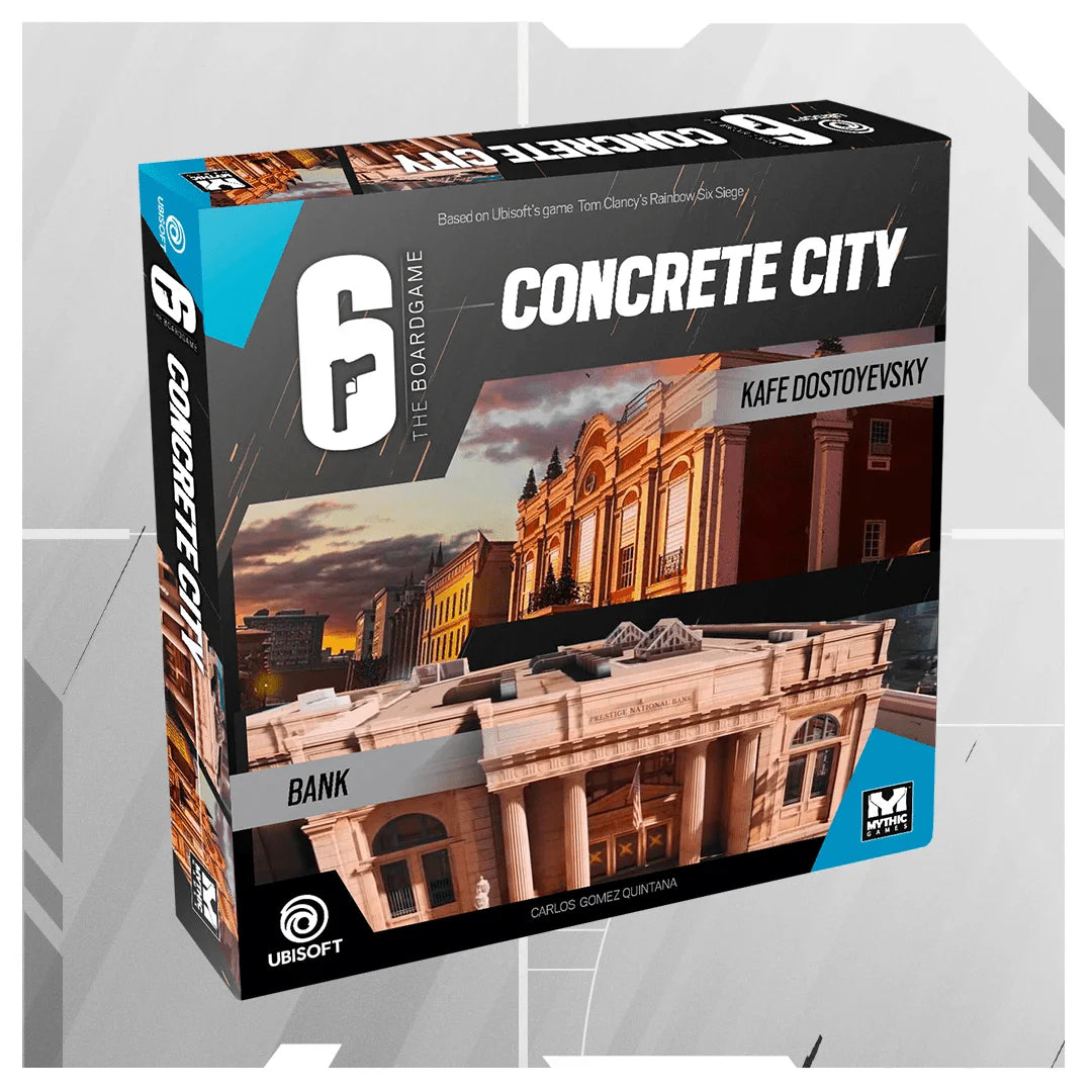 A board game box titled 6: Siege – The Board Game Bundle by Mythic Games features two buildings labeled Kafe Dostoyevsky and Bank, plus action-packed tactical gameplay inspired by Rainbow Six Siege.
