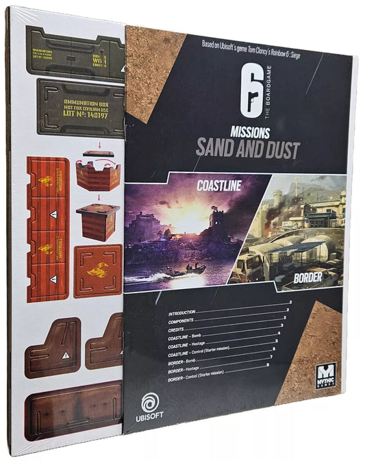 The image shows the box for 6: Siege – The Board Game Map Pack 3 - Sand and Dust by Mythic Games, featuring tactical gameplay with illustrated components, mission cards, and two scenarios set on Coastline and Border maps.