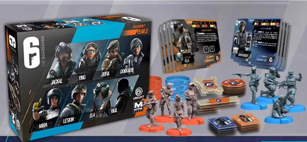 The image shows the 6: Siege – The Board Game Bundle by Mythic Games, including the game box, character cards, tokens, and detailed miniatures all arranged for play in this tactical board game setup.