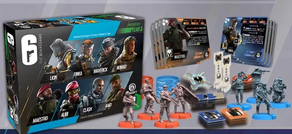 The 6: Siege – The Board Game Bundle by Mythic Games includes a box with tactical character art, plastic miniatures on colored bases, cards, tokens, and various game pieces for an immersive tactical tabletop experience.