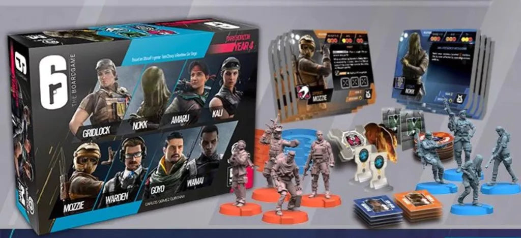 The 6: Siege – The Board Game Bundle by Mythic Games features a game box with operator images, character cards, blue and orange base miniatures, tokens, and tactical components arranged on a table.