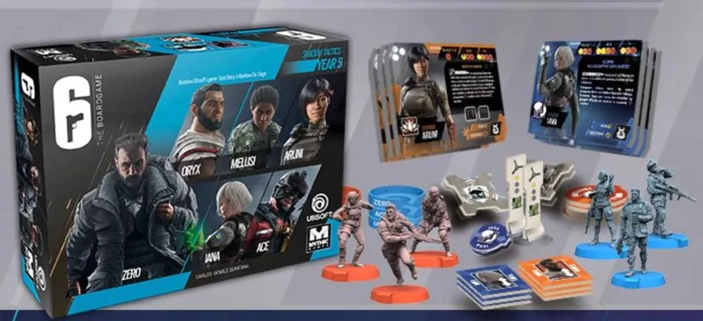 The 6: Siege – The Board Game Bundle by Mythic Games features character cards, game pieces, colored bases, tokens, and detailed miniatures—all themed for tactical tabletop Rainbow Six Siege action.
