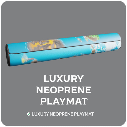 A rolled-up blue Isle of Trains: All Aboard Playmat by Dranda Games, featuring colorful artwork, is displayed on a gray background above bold white "LUXURY NEOPRENE PLAYMAT" text. A green checkmark and text below promise an immersive experience.