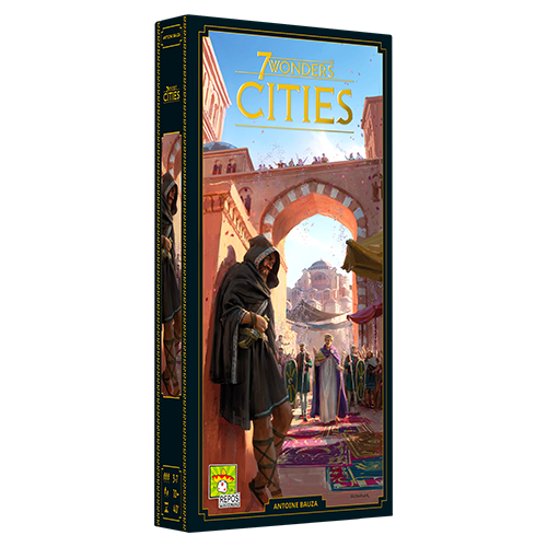 Box cover of Repos’s 7 Wonders (Second Edition): Cities expansion, featuring a hooded figure in dark clothing amid a sunlit ancient city with arches, crowds, and a domed building—evoking the intrigue of new Cities cards.