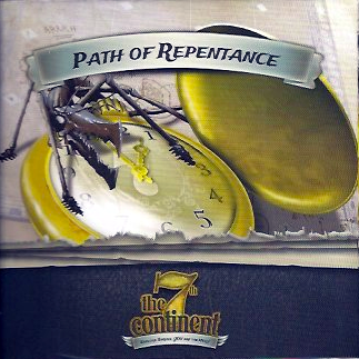 A compass with jagged arrows rests on a torn map, beneath a banner reading The 7th Continent: Path of Repentance Expansion by Serious Poulp. The expansion logo appears at the bottom with the tagline: Explore. Survive. YOU are the hero!.