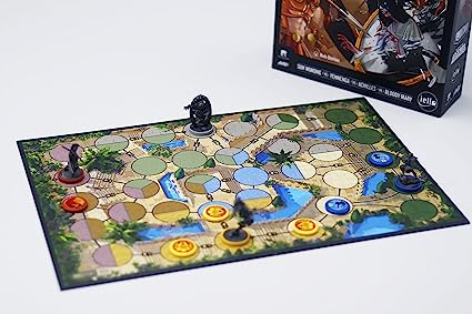 A vibrant board game with round tokens and four character figurines on a twisting path sits beside an Unmatched: Battle of Legends, Volume Two (Iello) box featuring illustrated heroes.