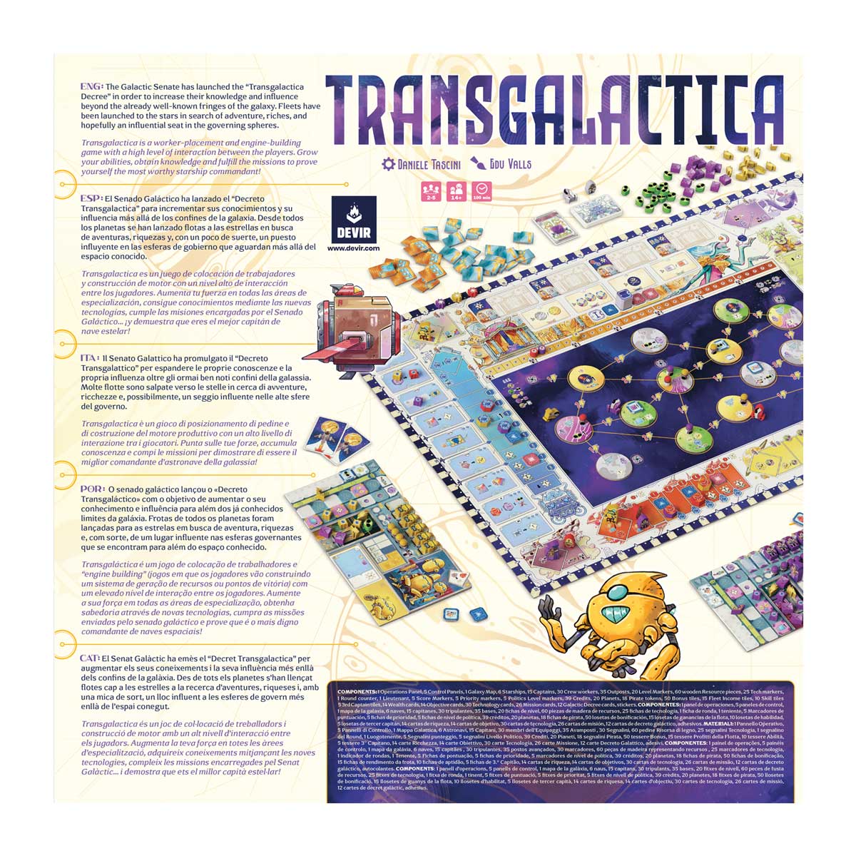 Transgalactica by Devir is a vibrant sci-fi engine-building board game with planets, spaceships, cards, tokens, and aliens. Multilingual rules and an eye-catching design make it a colorful adventure for all players.