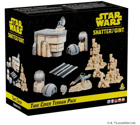 A Star Wars: Shatterpoint – Ground Cover Terrain Pack box by Atomic Mass Games shows painted terrain pieces—rocky formations, sci-fi buildings, grates, and a Swoop Bike—arranged on a black background with yellow logo and text.