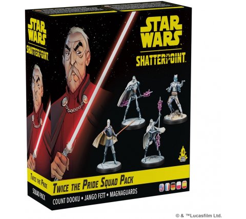 Box for Atomic Mass Games' Star Wars: Shatterpoint – Twice the Pride Squad Pack, featuring Count Dooku with his lightsaber and miniatures of Count Dooku, Jango Fett, and Magnaguards on the front.
