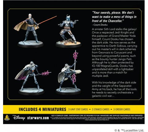 Box back displays four Count Dooku Star Wars miniatures from Star Wars: Shatterpoint – Twice the Pride Squad Pack by Atomic Mass Games, with lightsaber poses, lightning effects, game cards, Sith Lord description, quote, and Disney and Lucasfilm logos.