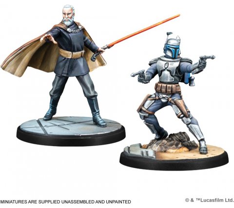 The Star Wars: Shatterpoint – Twice the Pride Squad Pack by Atomic Mass Games features painted miniatures of Sith Lord Count Dooku with a red lightsaber and Jango Fett in Mandalorian armor, both posed on detailed bases.