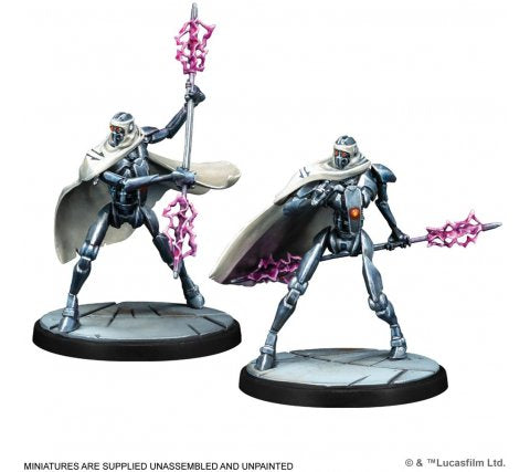 The Star Wars: Shatterpoint – Twice the Pride Squad Pack by Atomic Mass Games includes two unpainted silver humanoid miniatures with white capes, wielding purple lightsaber-like weapons, each on a black circular base.