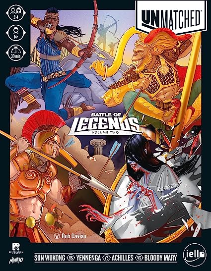 Cover art for Unmatched: Battle of Legends, Volume Two (Iello) shows Sun Wukong, Yennenga, Achilles, and Bloody Mary in action poses with the game’s logo centered.