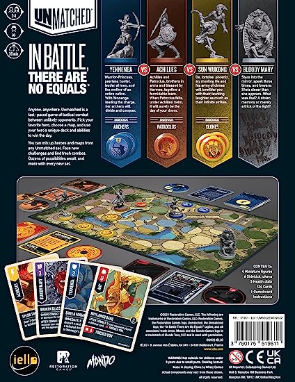 The box back of Unmatched: Battle of Legends, Volume Two (Iello) showcases the game board, mini figures, illustrated cards, and summaries for Yennenga, Achilles, Sun Wukong, and Bloody Mary with detailed contents listed.