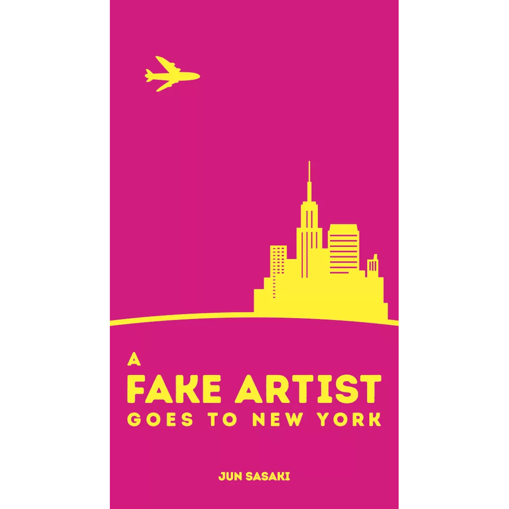 A bright pink cover features yellow text reading "A Fake Artist Goes to New York" by Oink Games, with a yellow city skyline and airplane above—capturing the playful spirit of this unique bluffing game.