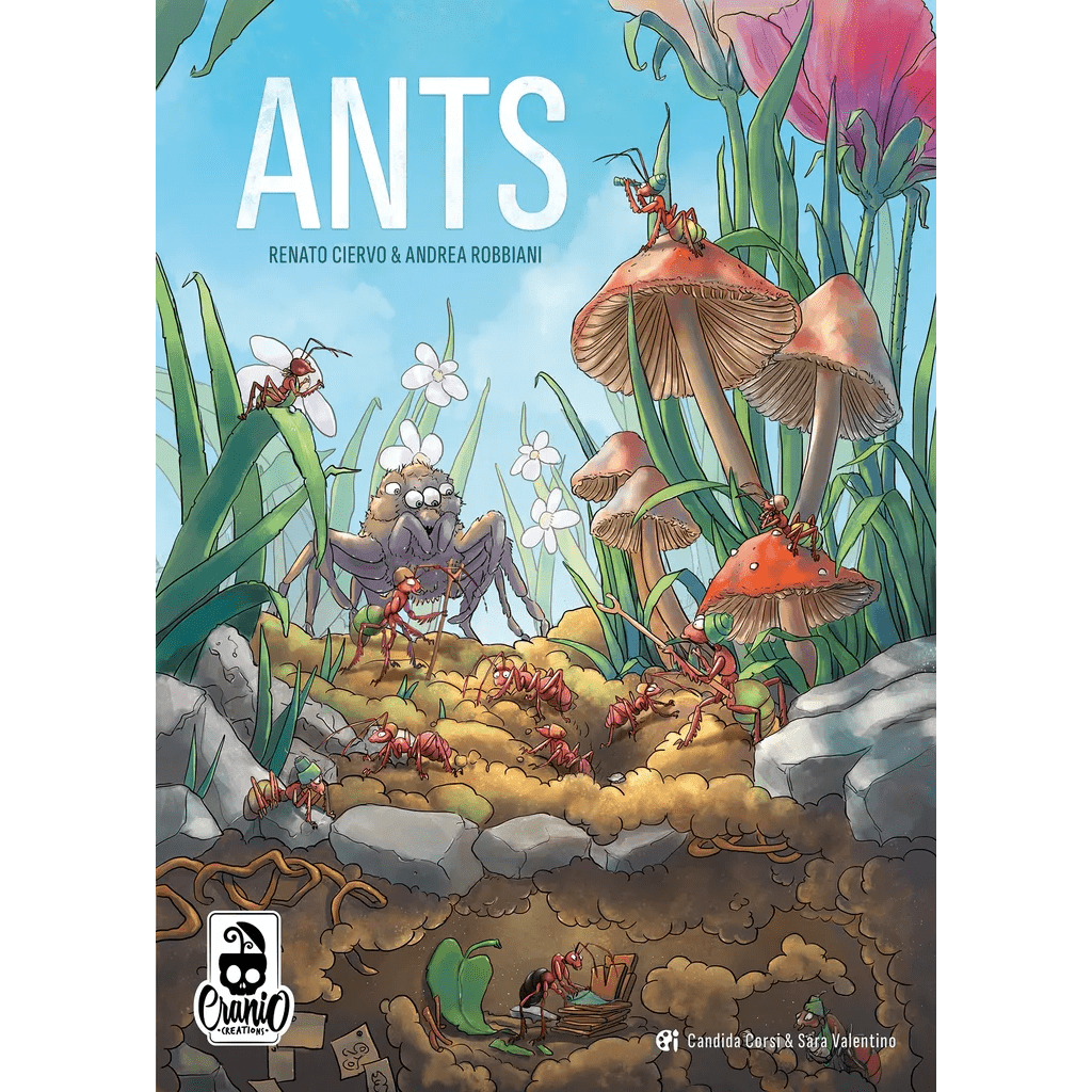 The illustrated cover of ANTS by Cranio Creations features ants and mushrooms beneath a spider, with large plants and flowers under a blue sky, evoking the game's strategic ant colony theme. The title ANTS and authors’ names appear on the cover.