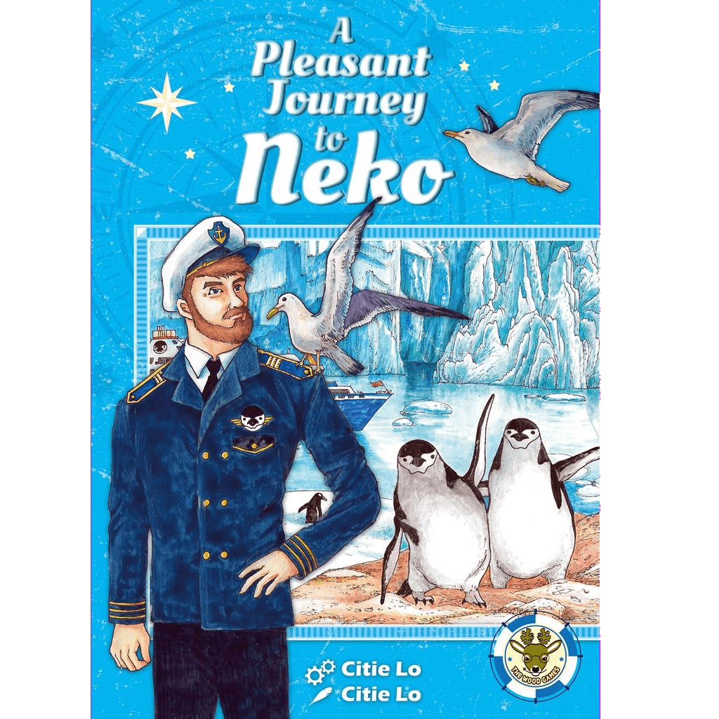 Illustrated cover for "A Pleasant Journey to Neko" by The Wood Games features a captain in blue, two waving penguins, and seagulls over icy cliffs—ideal for Antarctica board game fans.