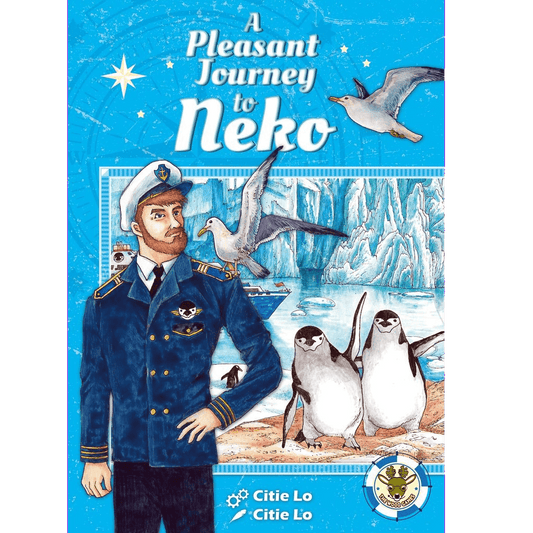 Illustrated cover for "A Pleasant Journey to Neko" by The Wood Games features a captain in blue, two waving penguins, and seagulls over icy cliffs—ideal for Antarctica board game fans.