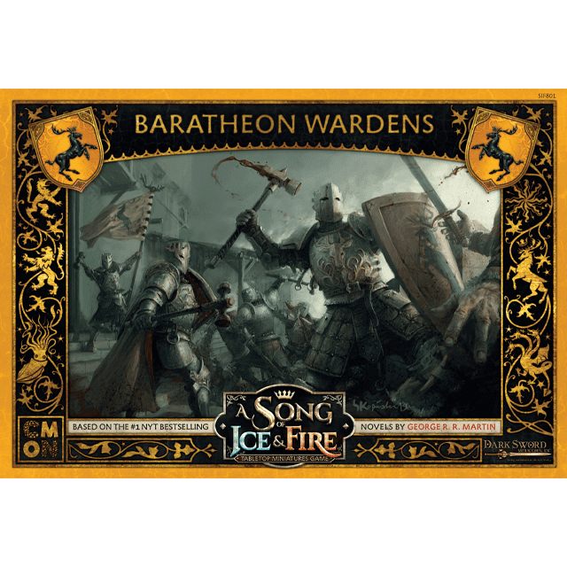 A fantasy scene of armored knights in battle features the Cool Mini Or Not A Song of Ice & Fire Baratheon Wardens, with ornate gold and black frames and House Baratheon stag emblems, plus the game’s logo at the bottom.