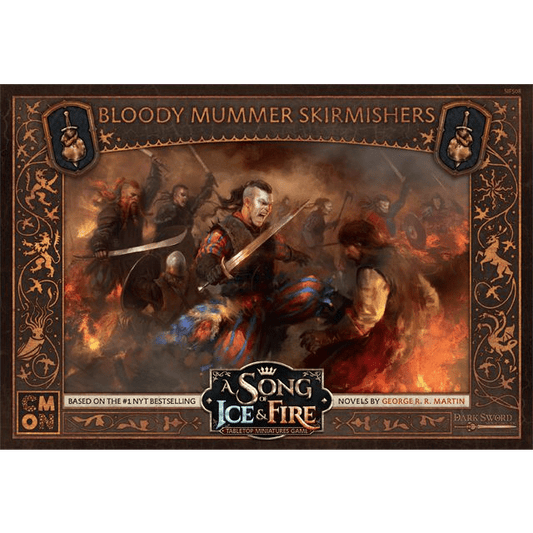 Armored mercenaries clash with swords and axes amid flames. Text reads: A Song of Ice & Fire Bloody Mummer Skirmishers by Cool Mini Or Not.