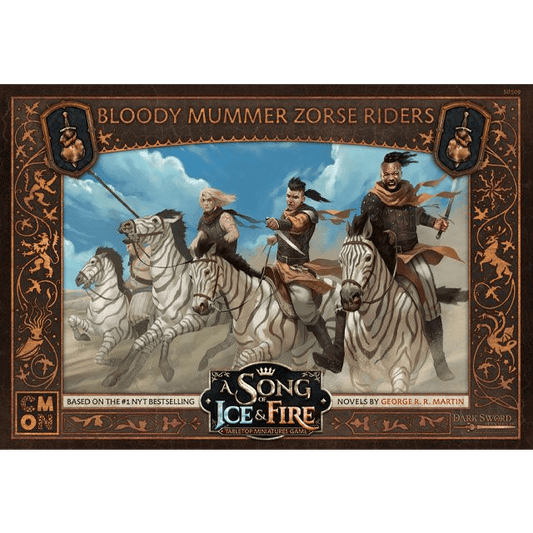 Illustration of three armored riders charging on zebra-striped mounts beneath a blue sky. The border reads "A Song of Ice & Fire Bloody Mummer Zorse Riders" by Cool Mini Or Not, a Neutral cavalry unit for the tabletop miniatures game.