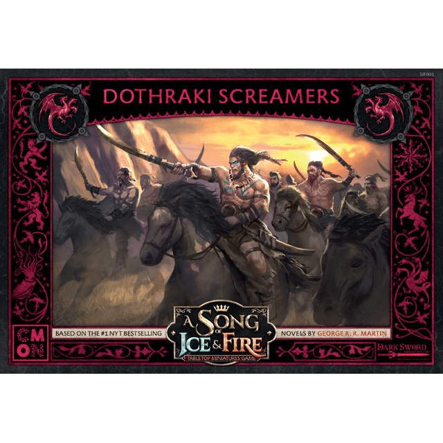 A Song of Ice & Fire Dothraki Screamers by Cool Mini Or Not features armed Dothraki cavalry charging into battle on the box cover, with the product name above and the game’s logo framed by ornate borders below.