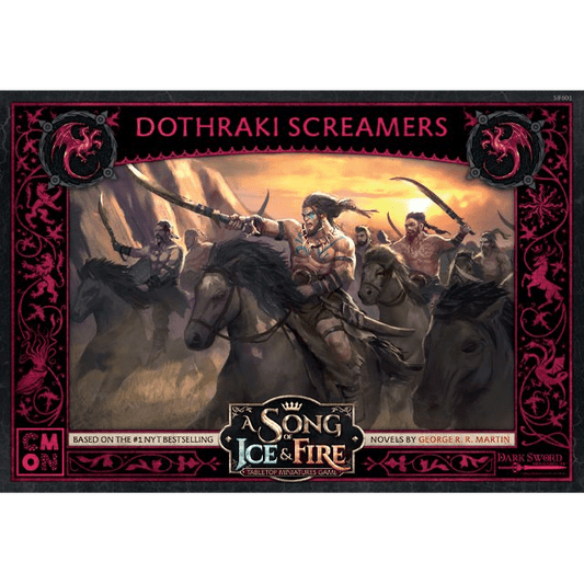 A Song of Ice & Fire Dothraki Screamers by Cool Mini Or Not features armed Dothraki cavalry charging into battle on the box cover, with the product name above and the game’s logo framed by ornate borders below.