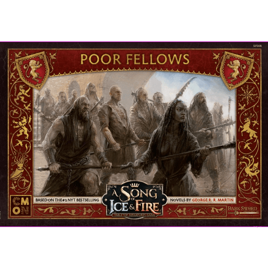 A fantasy illustration shows ragged, armed warriors led by a determined, long-haired woman, framed in red and labeled “A Song of Ice & Fire Lannister Poor Fellows” by Cool Mini Or Not.